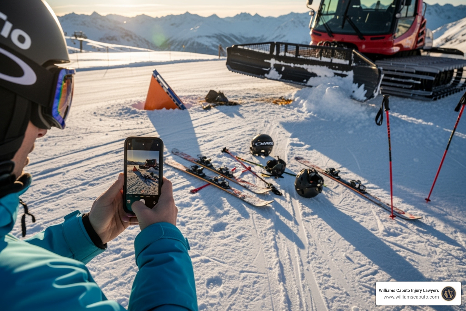 Person taking photos of an accident scene on a ski slope with a smartphone, capturing vehicle damage, skid marks, and potential hazards - Proof of negligence