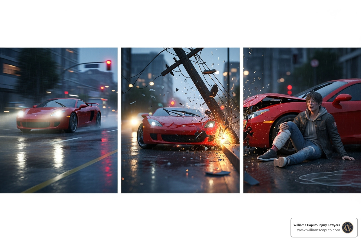 Diagram showing a chain of events leading to an injury, illustrating how a negligent action (e.g., speeding) leads to an incident (e.g., collision), which then directly causes an injury (e.g., broken bone), fulfilling the causation element - Proof of negligence