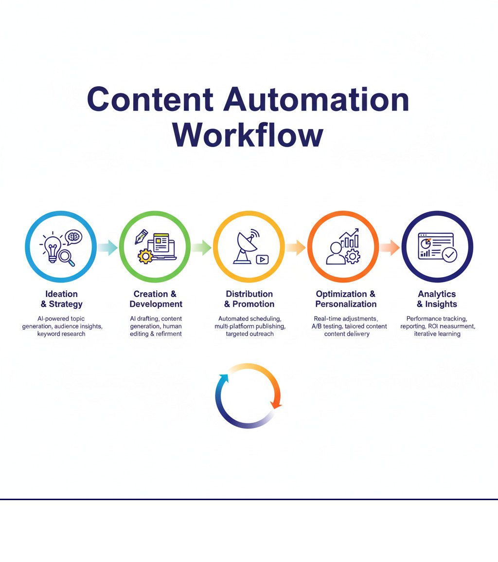 infographic explaining the content automation workflow from ideation to analytics - Automated content marketing infographic 