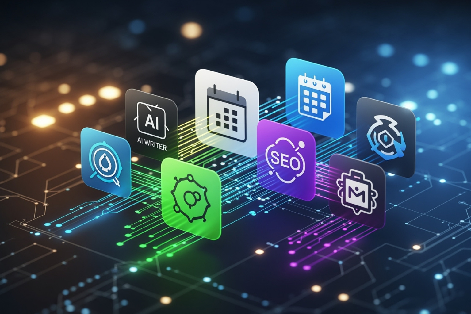 various content automation tool icons connected by data streams - Automated content marketing