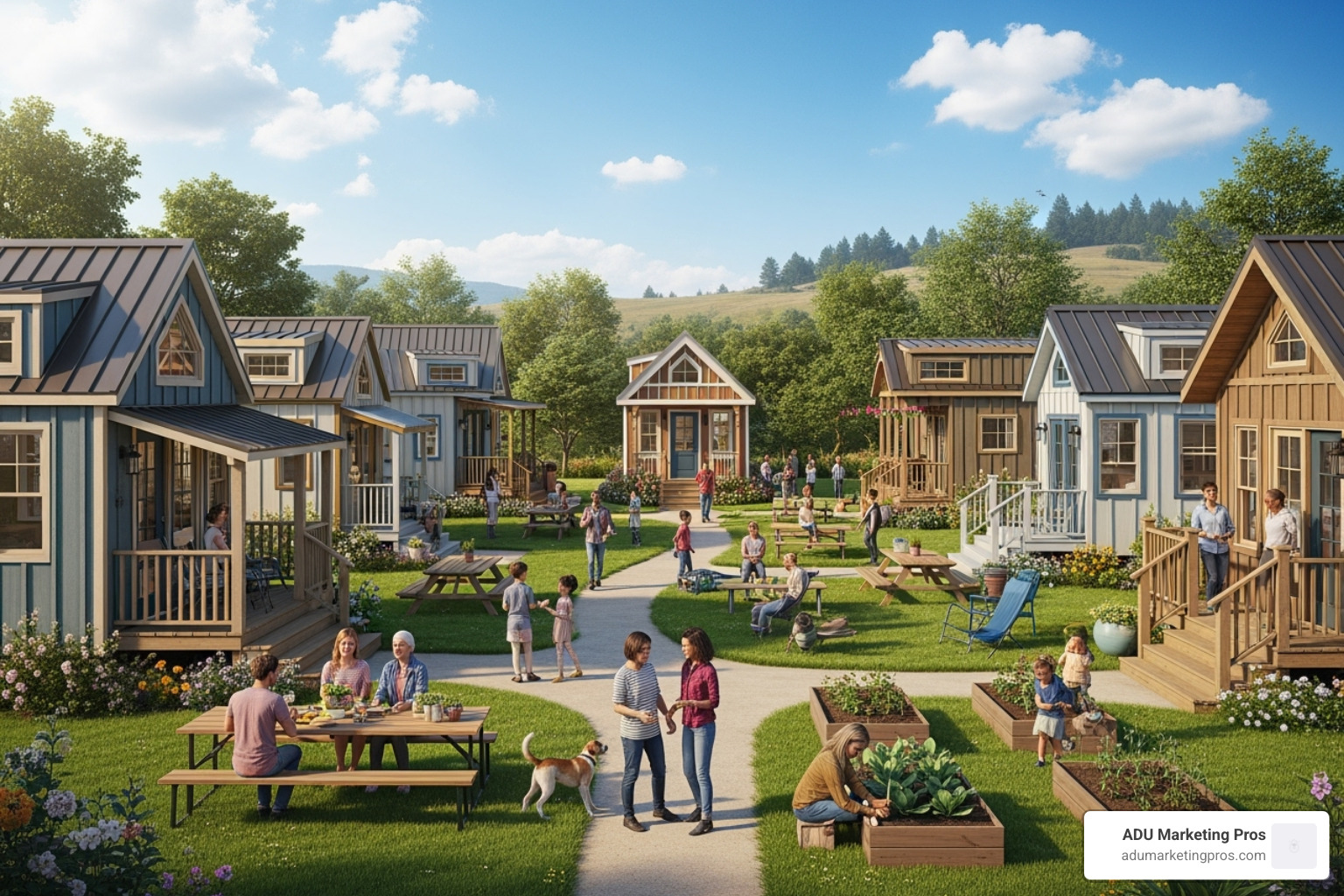 Small, welcoming tiny home community with shared green space and residents interacting - San Diego tiny homes