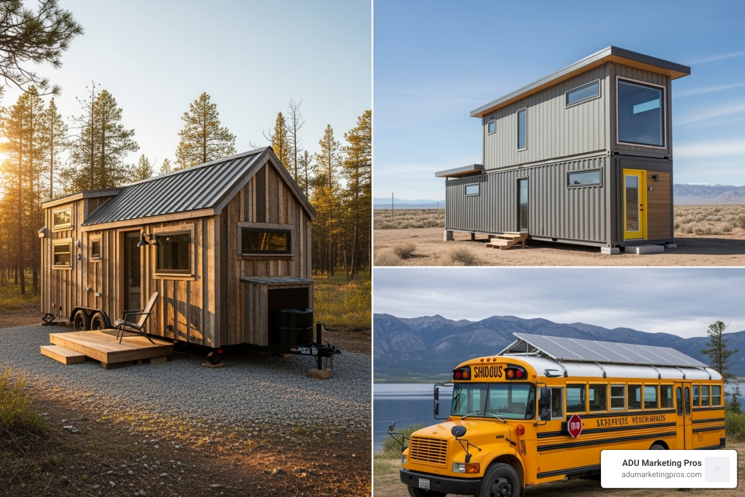 Collage showcasing different tiny home styles: a rustic THOW, a sleek container home, and a charming skoolie conversion - San Diego tiny homes