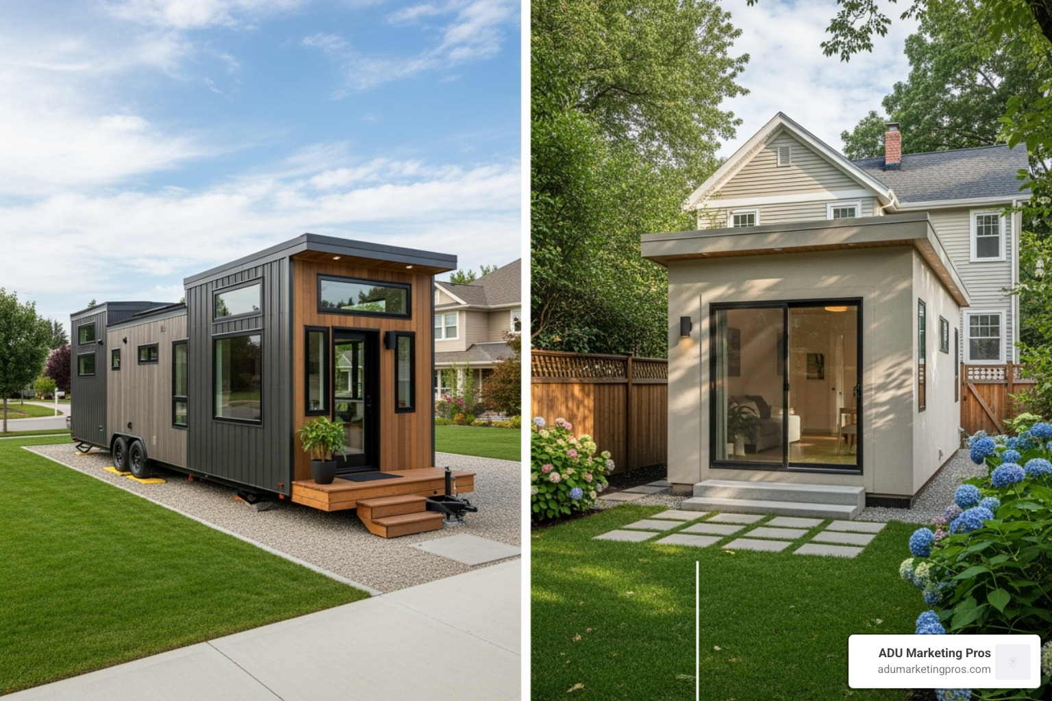Split-screen showing a tiny home on wheels on one side and a tiny home on a permanent foundation on the other, illustrating the two main legal types - San Diego tiny homes