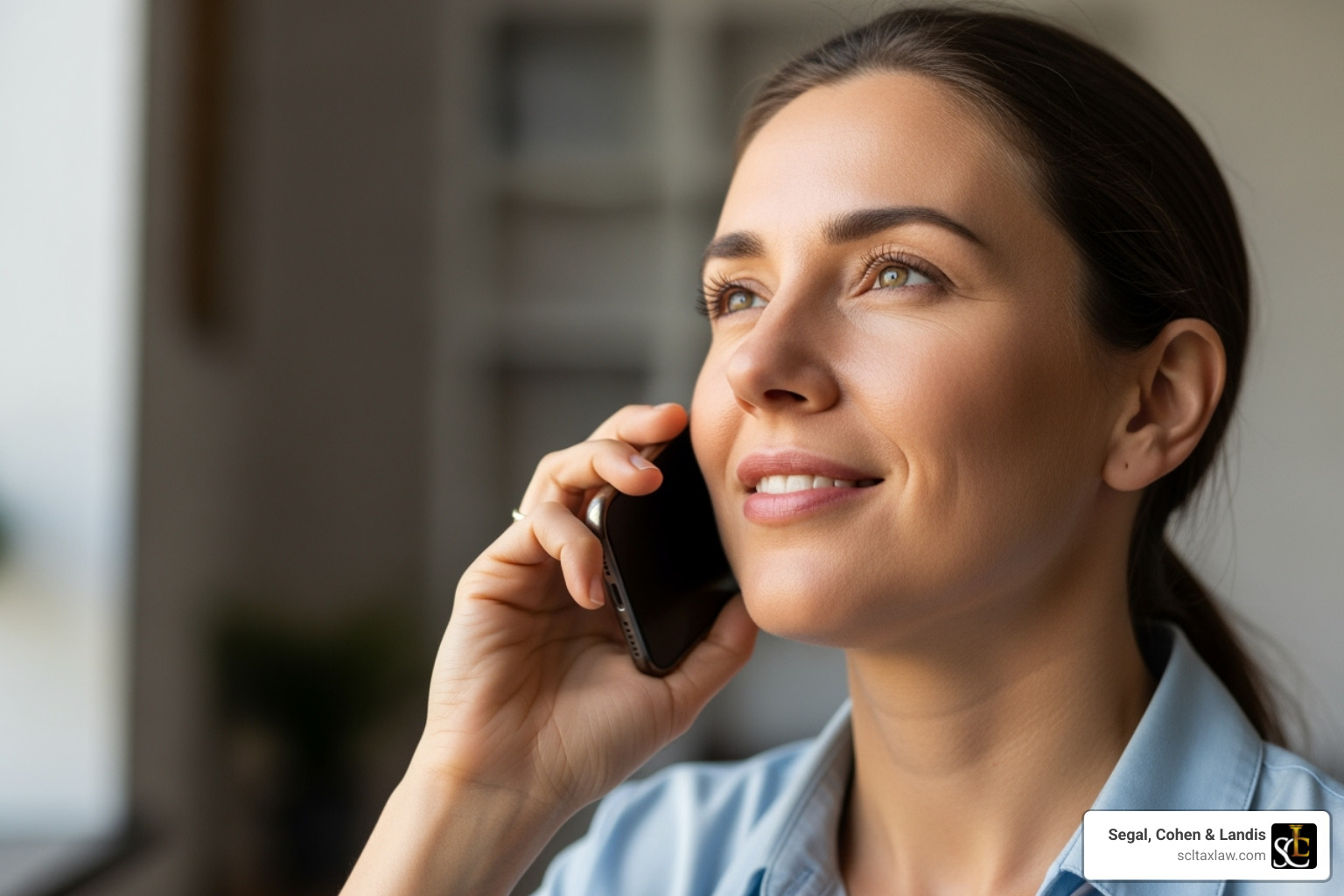 Person on the phone looking relieved - IRS levy release