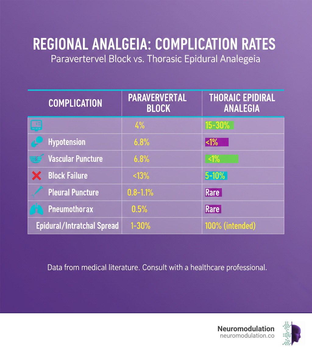 A table comparing complication rates for Paravertebral Block versus Thoracic Epidural Analgesia, illustrating the incidence of hypotension, vascular puncture, block failure, pleural puncture, pneumothorax, and epidural/intrathecal spread for each technique. - Paravertebral block infographic