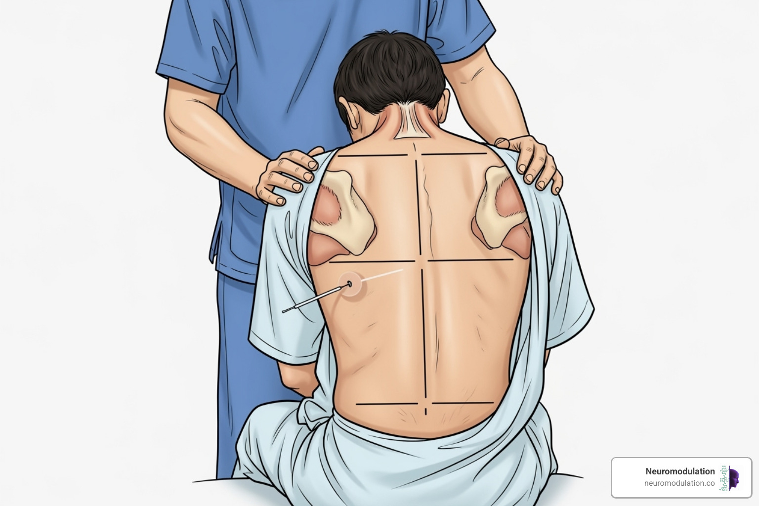 A medical illustration demonstrating proper patient positioning for a paravertebral block, emphasizing the sitting position with the back flexed to maximize intervertebral space, supported by an attendant, with anatomical landmarks clearly marked. - Paravertebral block