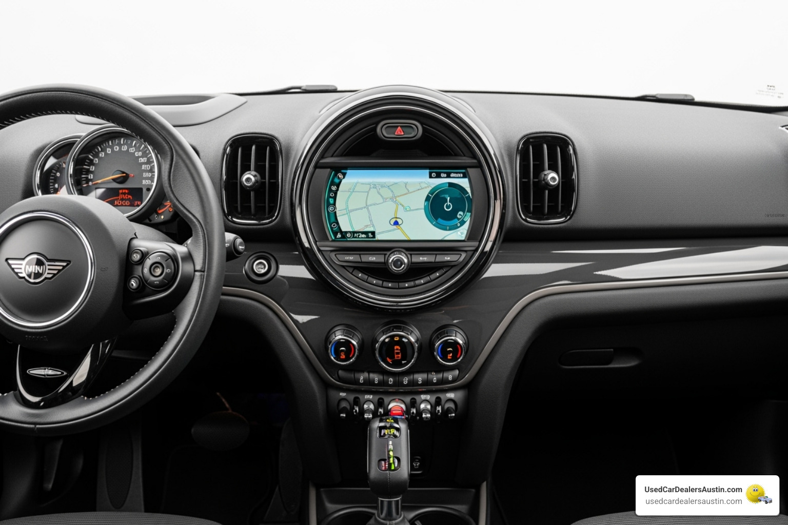 distinctive interior of a Mini Countryman, showing the large central display and toggle switches - used mini suv