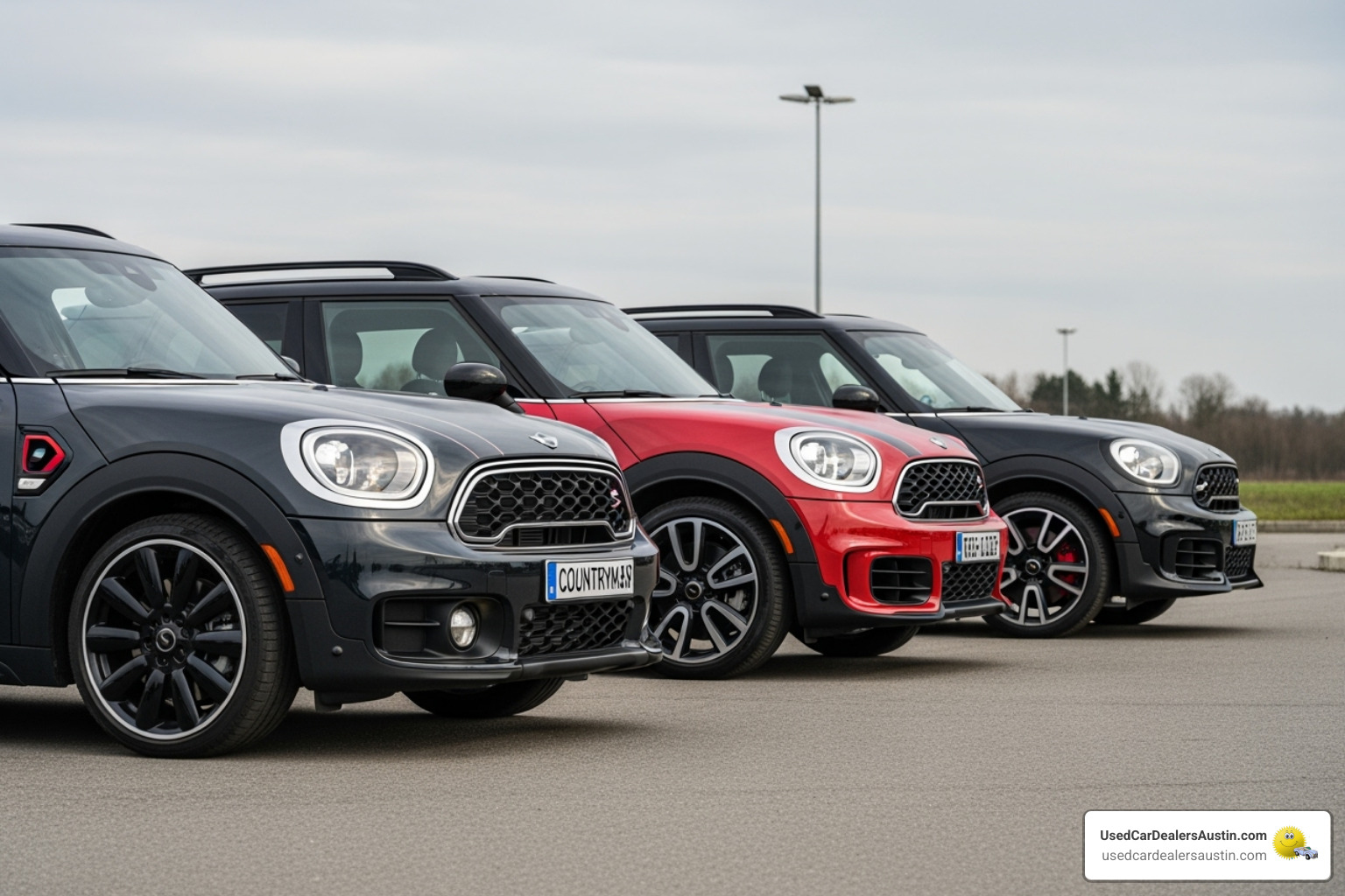 lineup showing a base Mini Countryman, a Cooper S, and a John Cooper Works model - used mini suv