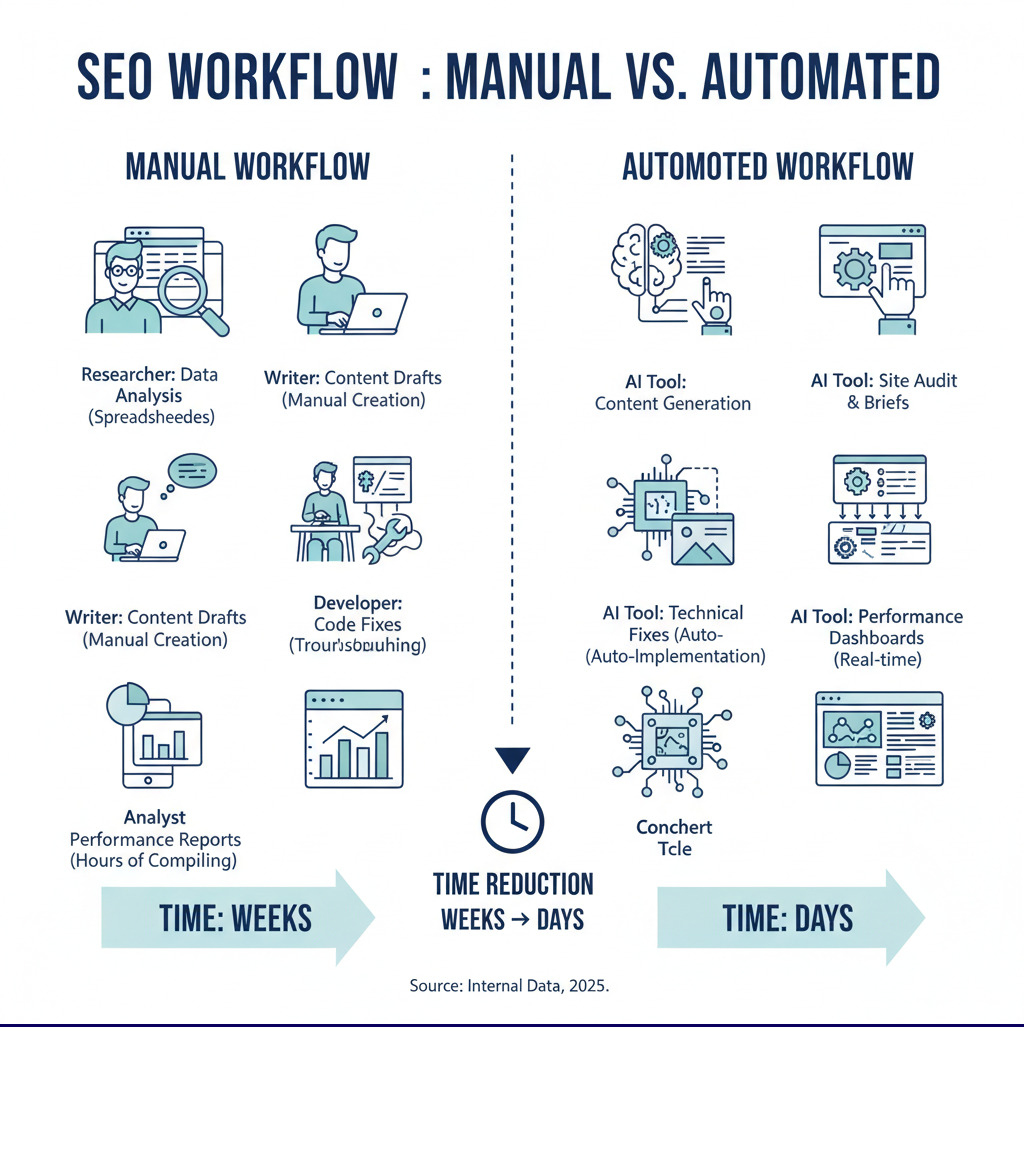 Infographic comparing manual SEO workflow (researcher analyzing spreadsheets, writer drafting content, developer fixing code issues, analyst generating reports) versus automated SEO workflow (AI tool performing site audit, generating content briefs, implementing technical fixes, and creating performance dashboards automatically), showing significant time reduction from weeks to days - Automated SEO Optimization infographic 