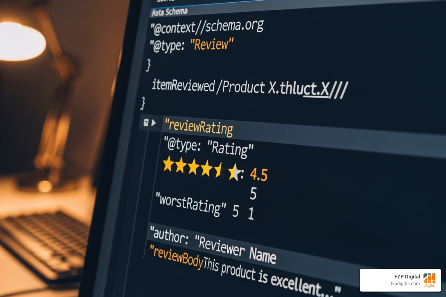 a screenshot of structured data schema code with star ratings highlighted, demonstrating the technical aspect of SEO for review display - collect customer reviews