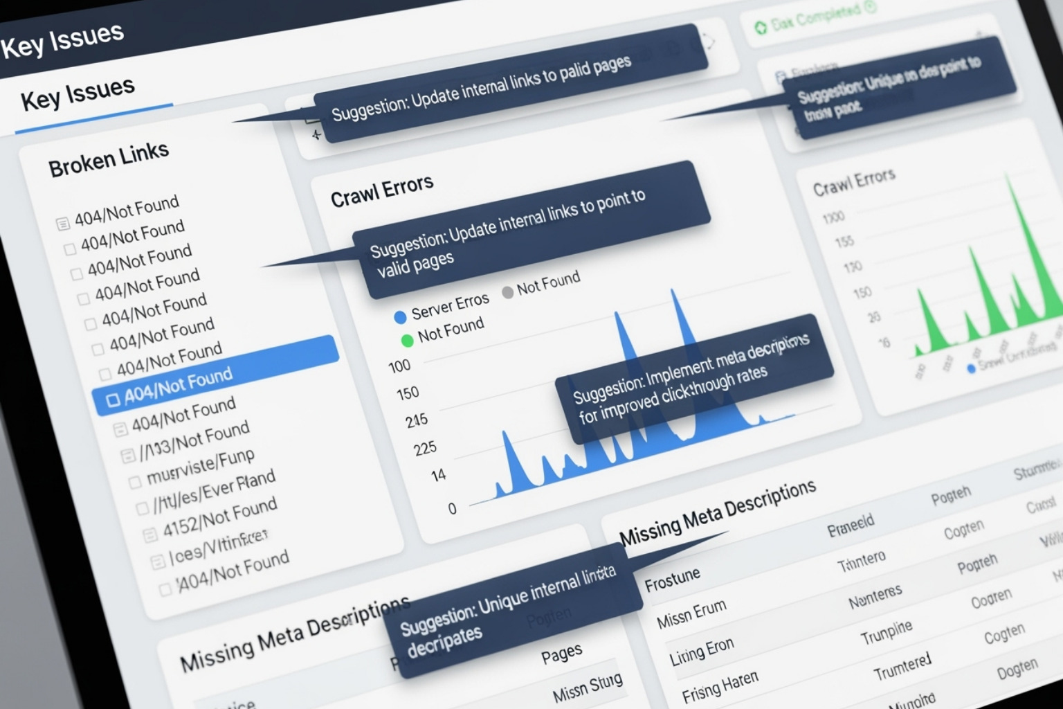 A detailed technical SEO audit report displaying various issues like broken links, crawl errors, and missing meta descriptions, with automatically generated suggestions for fixes - Automated SEO Optimization