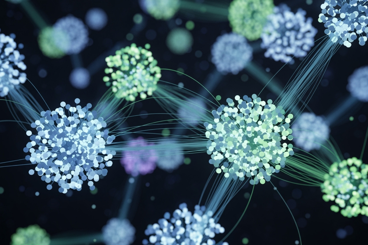 A visualization map showing interconnected keyword clusters and related topics, with different colors representing difficulty or search volume - Automated SEO Optimization