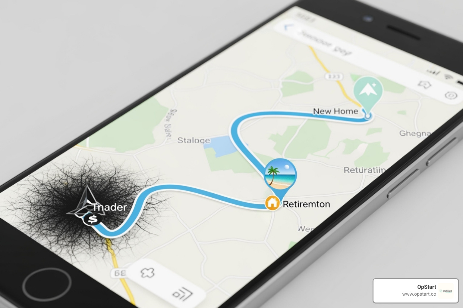 GPS map showing a route from "Debt" to "Financial Goals" like "Retirement" and "New Home" - budget planning assistance GPS map showing a route from "Debt" to "Financial Goals" like "Retirement" and "New Home" - budget planning assistance