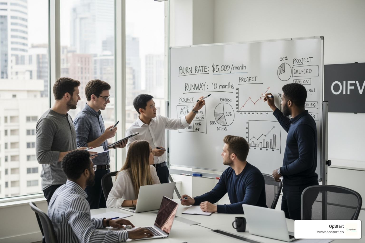Startup team collaborating around a whiteboard covered in financial metrics like "Burn Rate" and "Runway" - budget planning assistance Startup team collaborating around a whiteboard covered in financial metrics like "Burn Rate" and "Runway" - budget planning assistance