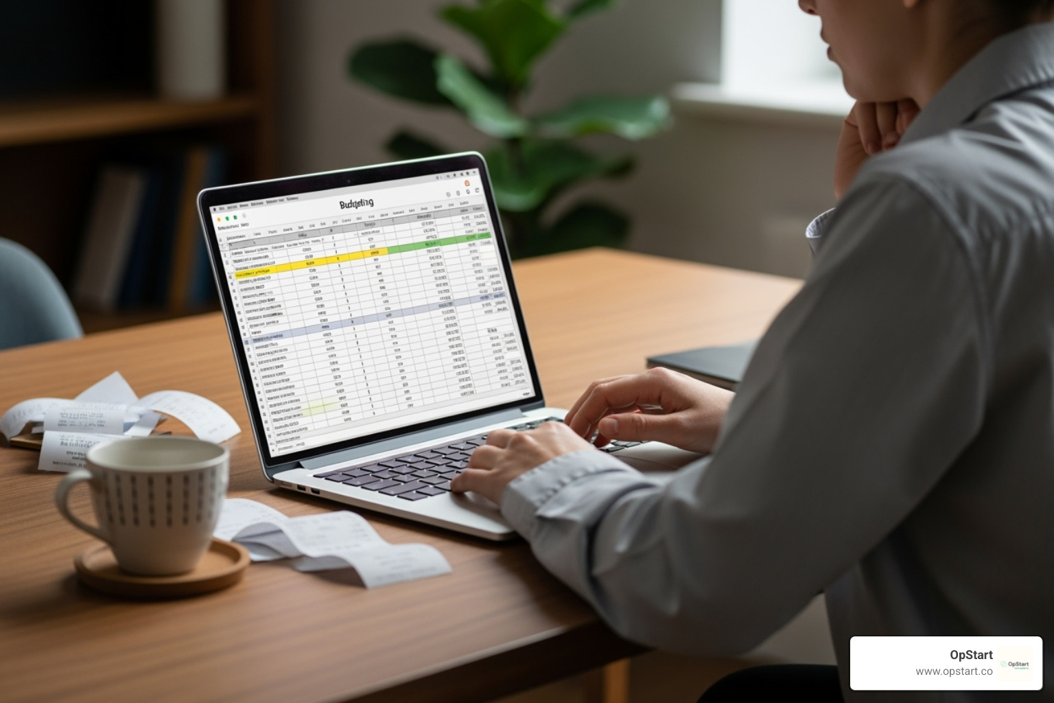 Person at a desk using a laptop with a budgeting spreadsheet open, with receipts and a coffee cup nearby - budget planning assistance Person at a desk using a laptop with a budgeting spreadsheet open, with receipts and a coffee cup nearby - budget planning assistance