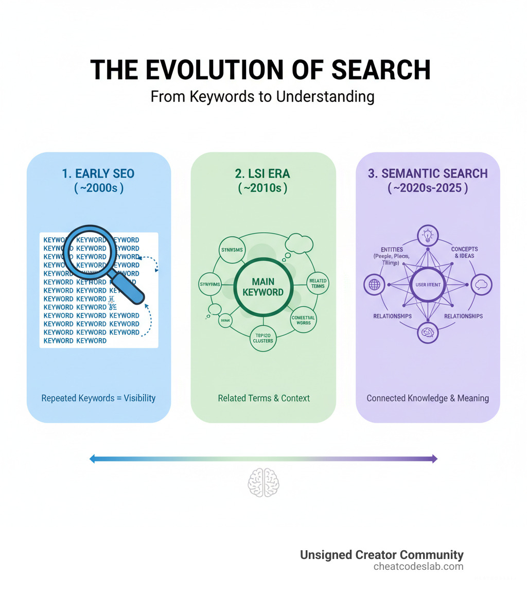 infographic showing the evolution from keyword density to semantic search, with three stages: 1) Early SEO showing repeated keywords in text, 2) LSI era showing related terms clustered around a main keyword, and 3) Modern semantic search showing entities, concepts, and user intent connected through a knowledge graph - lsi keywords in seo infographic 