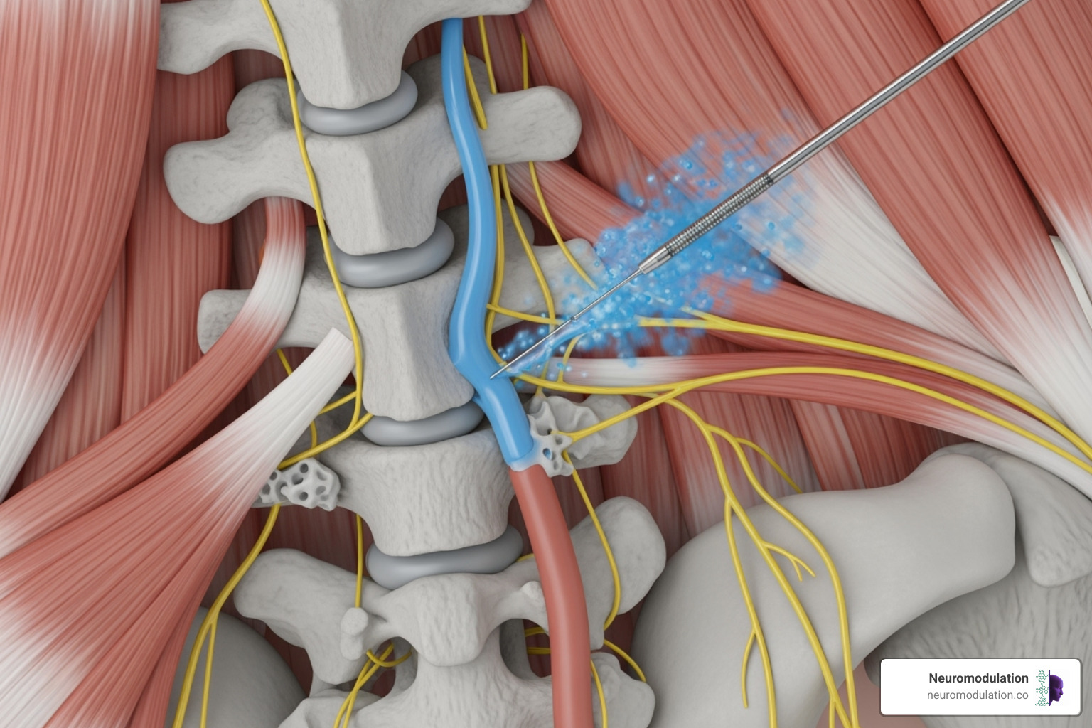 A detailed image of an ultrasound-guided PVB procedure, showing the ultrasound probe on the patient's back, a needle being inserted in-plane, and the ultrasound screen displaying the transverse process, pleura, and local anesthetic spreading within the paravertebral space. - Paravertebral block