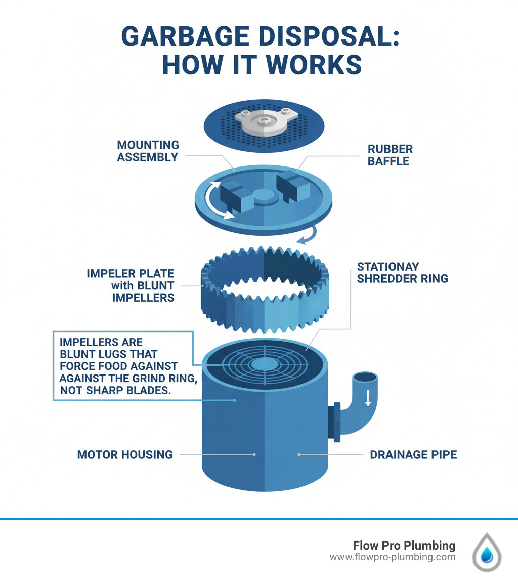 infographic showing garbage disposal internal components including the mounting assembly, rubber baffle, impeller plate with blunt impellers, stationary shredder ring, motor housing, and drainage pipe with labels explaining that impellers are blunt lugs that force food against the grind ring rather than cutting like blades - Garbage disposal blade replacement infographic infographic showing garbage disposal internal components including the mounting assembly, rubber baffle, impeller plate with blunt impellers, stationary shredder ring, motor housing, and drainage pipe with labels explaining that impellers are blunt lugs that force food against the grind ring rather than cutting like blades - Garbage disposal blade replacement infographic