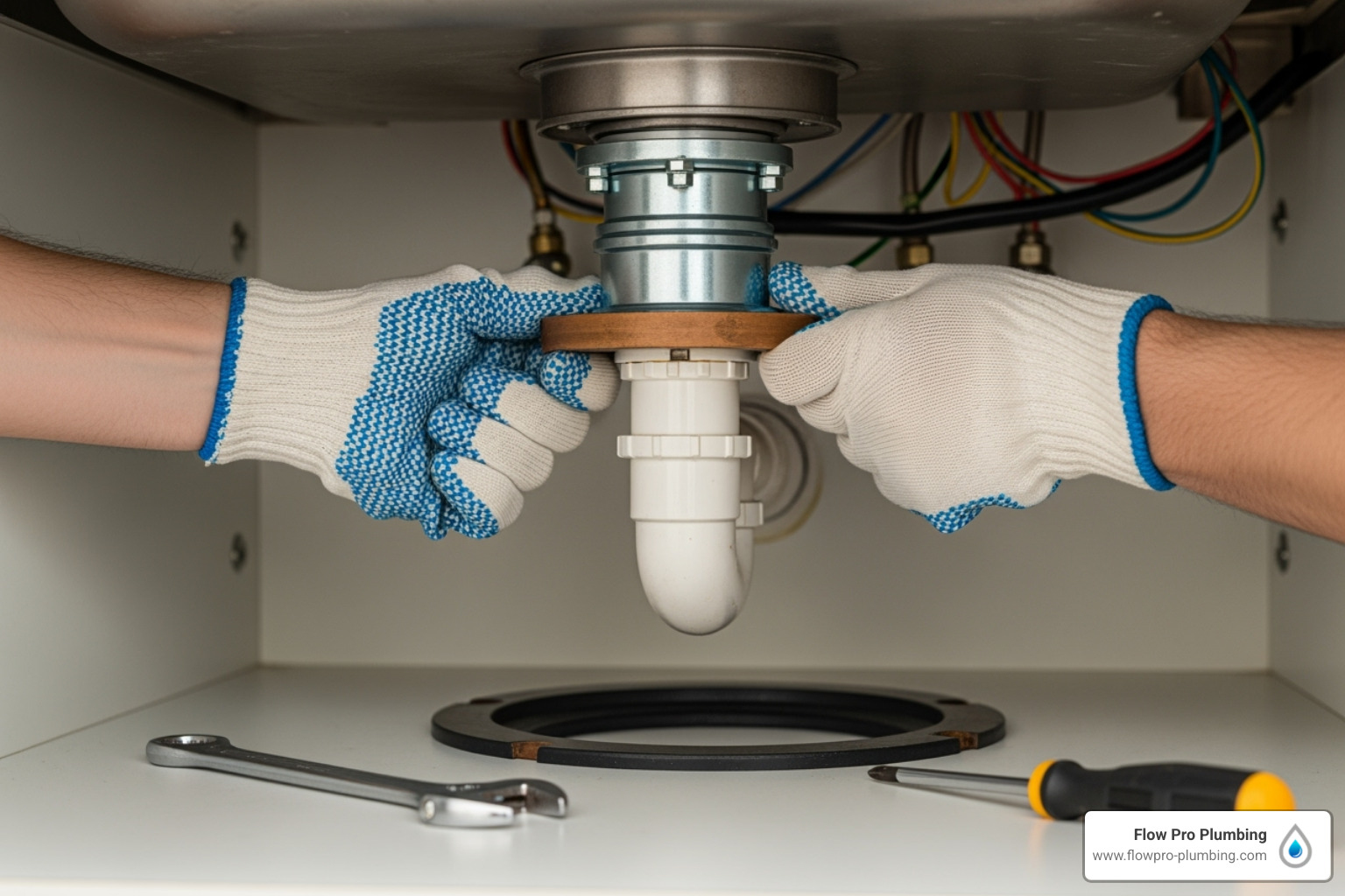 a person safely turning the mounting ring to detach the disposal unit from the sink - Garbage disposal blade replacement a person safely turning the mounting ring to detach the disposal unit from the sink - Garbage disposal blade replacement
