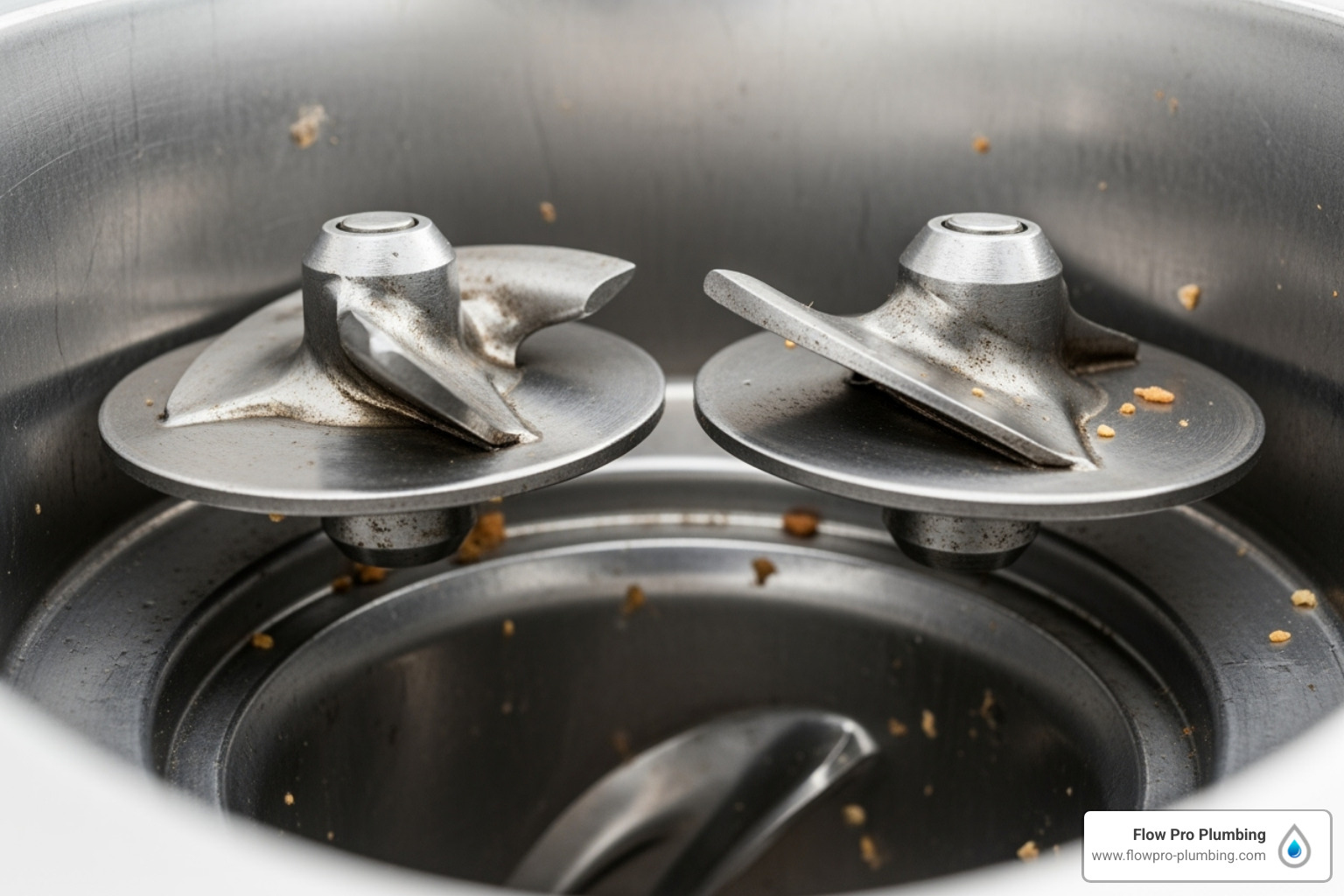 inside of a garbage disposal unit showing the old impellers and the grinding chamber - Garbage disposal blade replacement inside of a garbage disposal unit showing the old impellers and the grinding chamber - Garbage disposal blade replacement