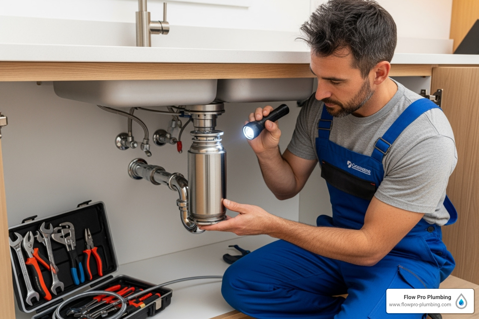professional plumber inspecting a garbage disposal under a kitchen sink - Garbage disposal blade replacement professional plumber inspecting a garbage disposal under a kitchen sink - Garbage disposal blade replacement