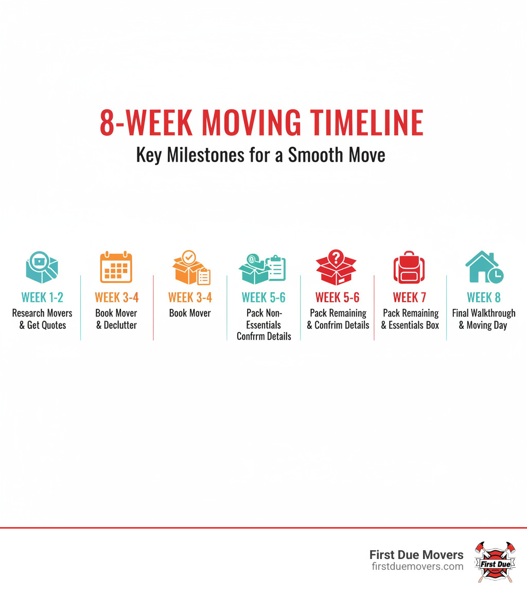 infographic showing 8-week moving timeline with key milestones: Week 1-2 Research movers and get quotes, Week 3-4 Book your mover and start decluttering, Week 5-6 Begin packing non-essentials and confirm details, Week 7 Pack remaining items and prepare essentials box, Week 8 Final walkthrough and moving day - movers infographic infographic showing 8-week moving timeline with key milestones: Week 1-2 Research movers and get quotes, Week 3-4 Book your mover and start decluttering, Week 5-6 Begin packing non-essentials and confirm details, Week 7 Pack remaining items and prepare essentials box, Week 8 Final walkthrough and moving day - movers infographic