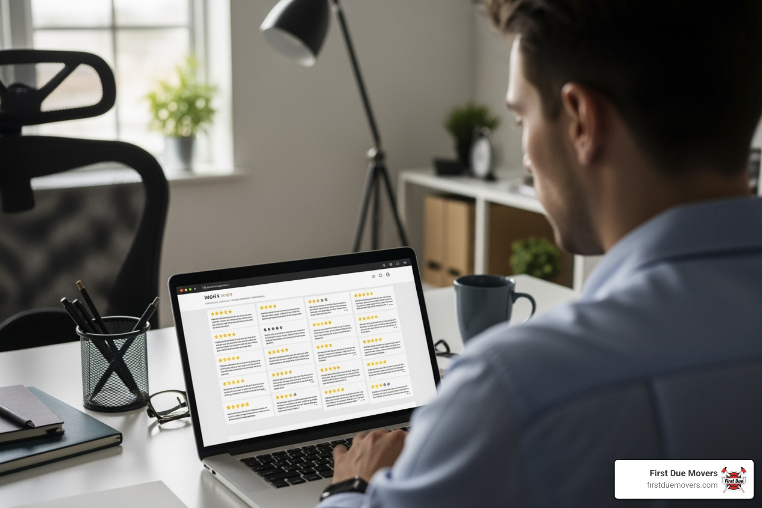 person reading online reviews on a laptop - movers person reading online reviews on a laptop - movers