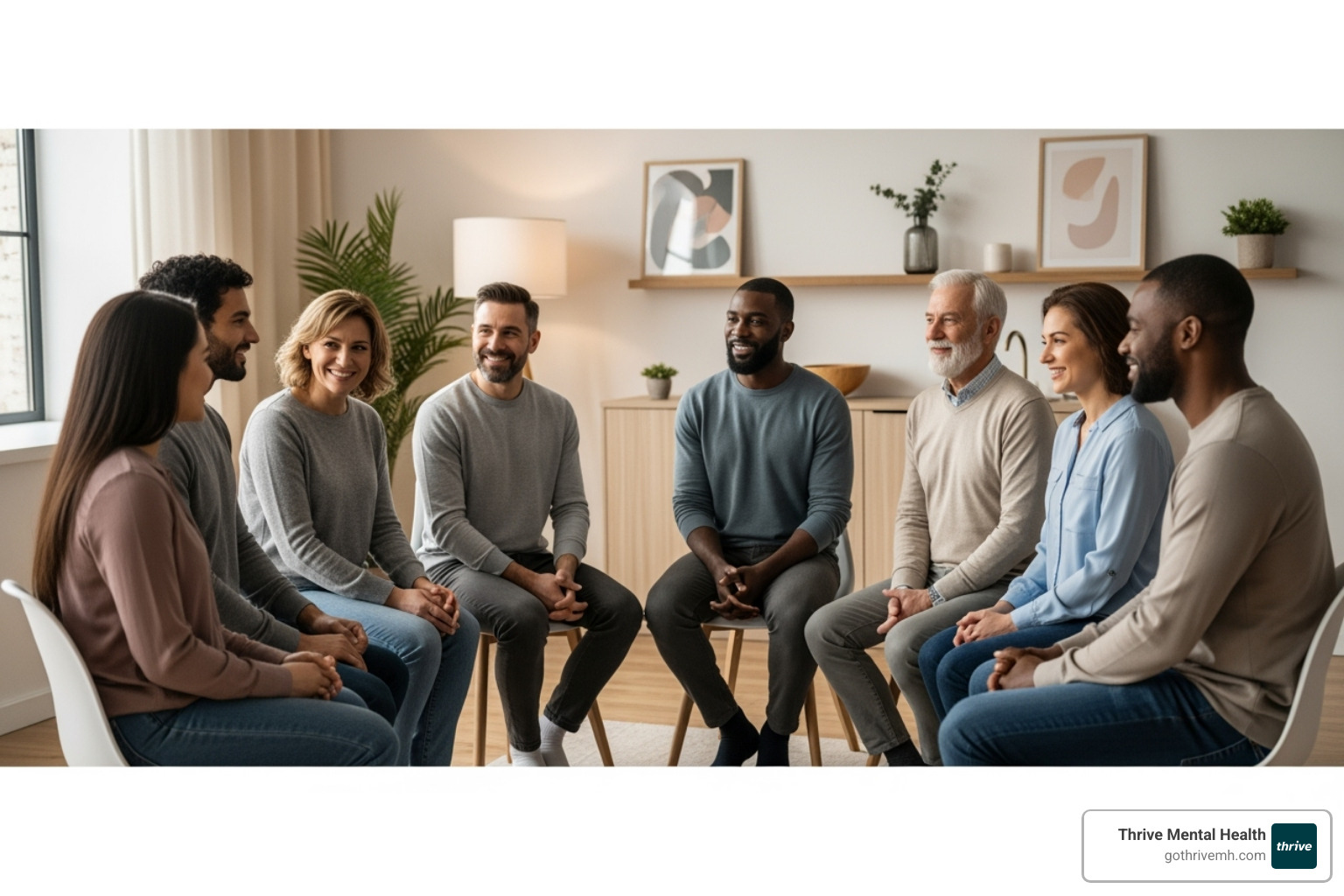 Diverse group of people in a supportive group therapy setting, smiling and engaged. Alt text: "Outpatient depression programs support people from all backgrounds."