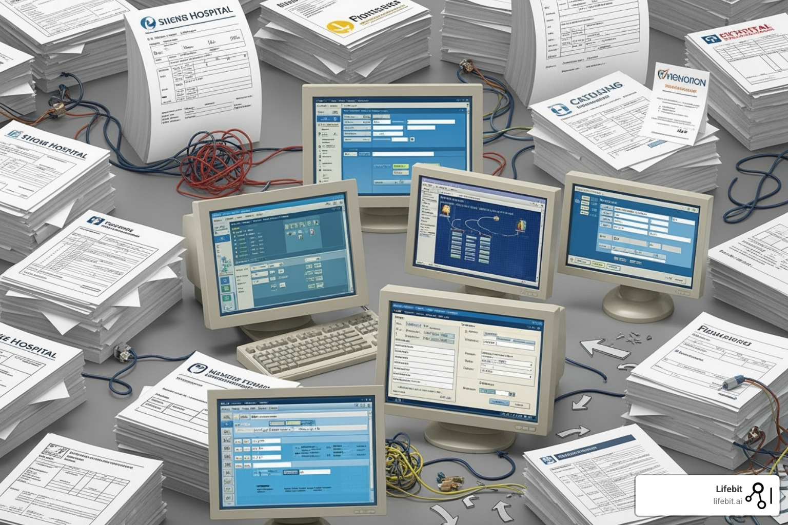 Image illustrating the fragmented and siloed nature of paper-based and legacy digital consent systems across different hospitals. - patient consent management Image illustrating the fragmented and siloed nature of paper-based and legacy digital consent systems across different hospitals. - patient consent management
