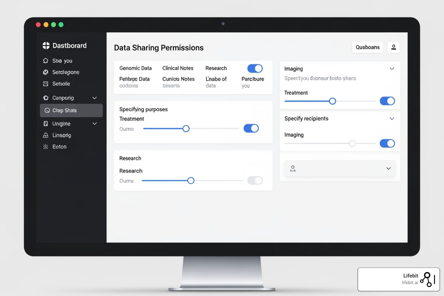 Image of a clear, user-friendly dashboard where a patient can set granular data sharing permissions. - patient consent management Image of a clear, user-friendly dashboard where a patient can set granular data sharing permissions. - patient consent management