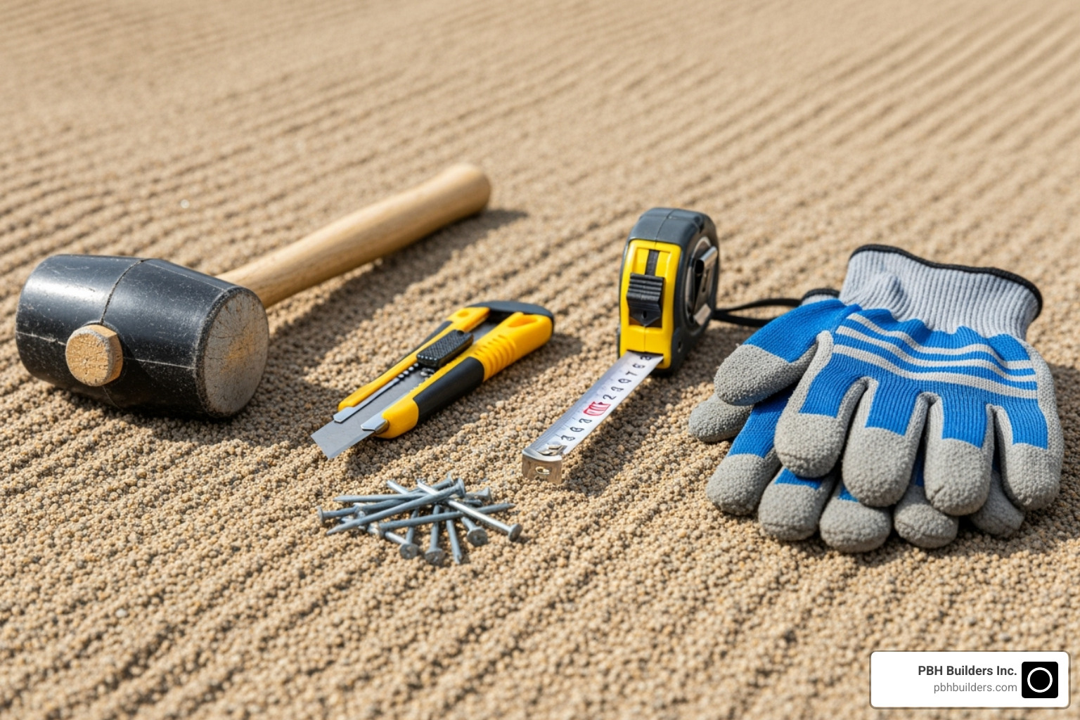 Essential tools for artificial turf installation laid out on a prepared base: mallet, utility knife, nails, measuring tape, and gloves. - nailing artificial grass