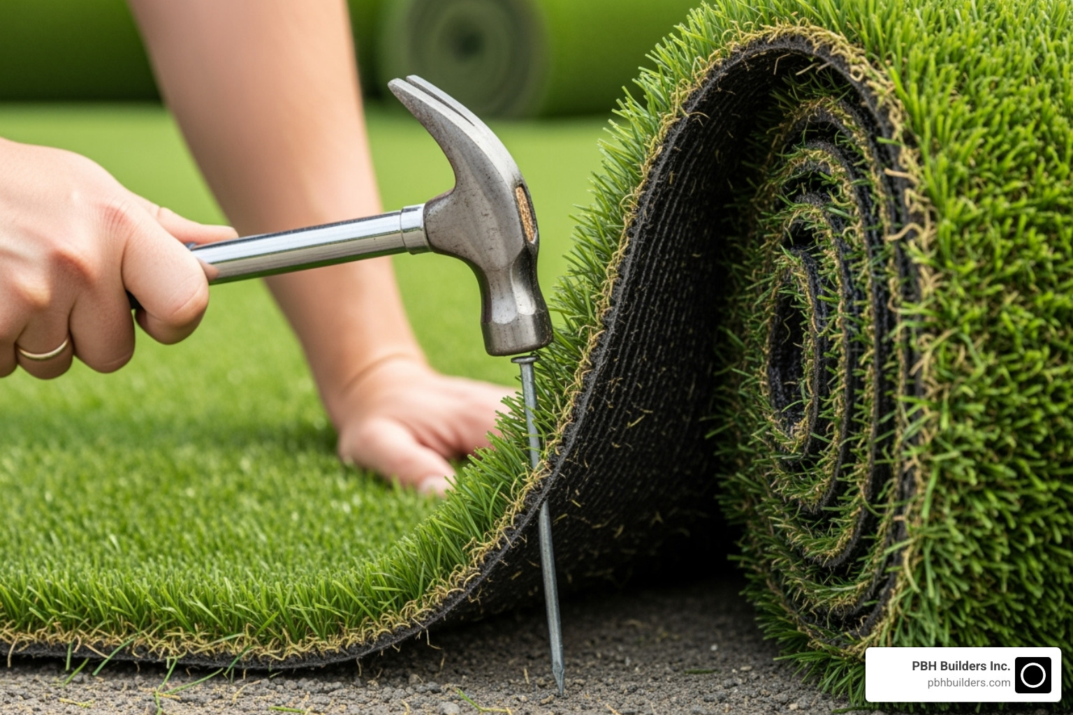 A person carefully hammering a nail into the edge of an artificial turf roll, with grass fibers pulled back, demonstrating proper technique for securing the perimeter. - nailing artificial grass