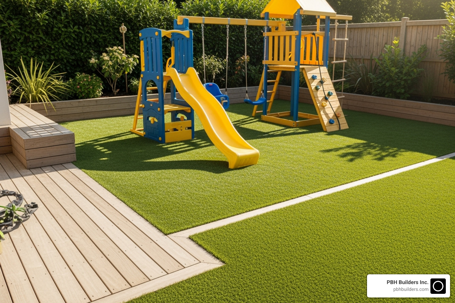 Artificial turf installed neatly around a wooden deck and play structure, showcasing turf versatility and safety considerations. - nailing artificial grass
