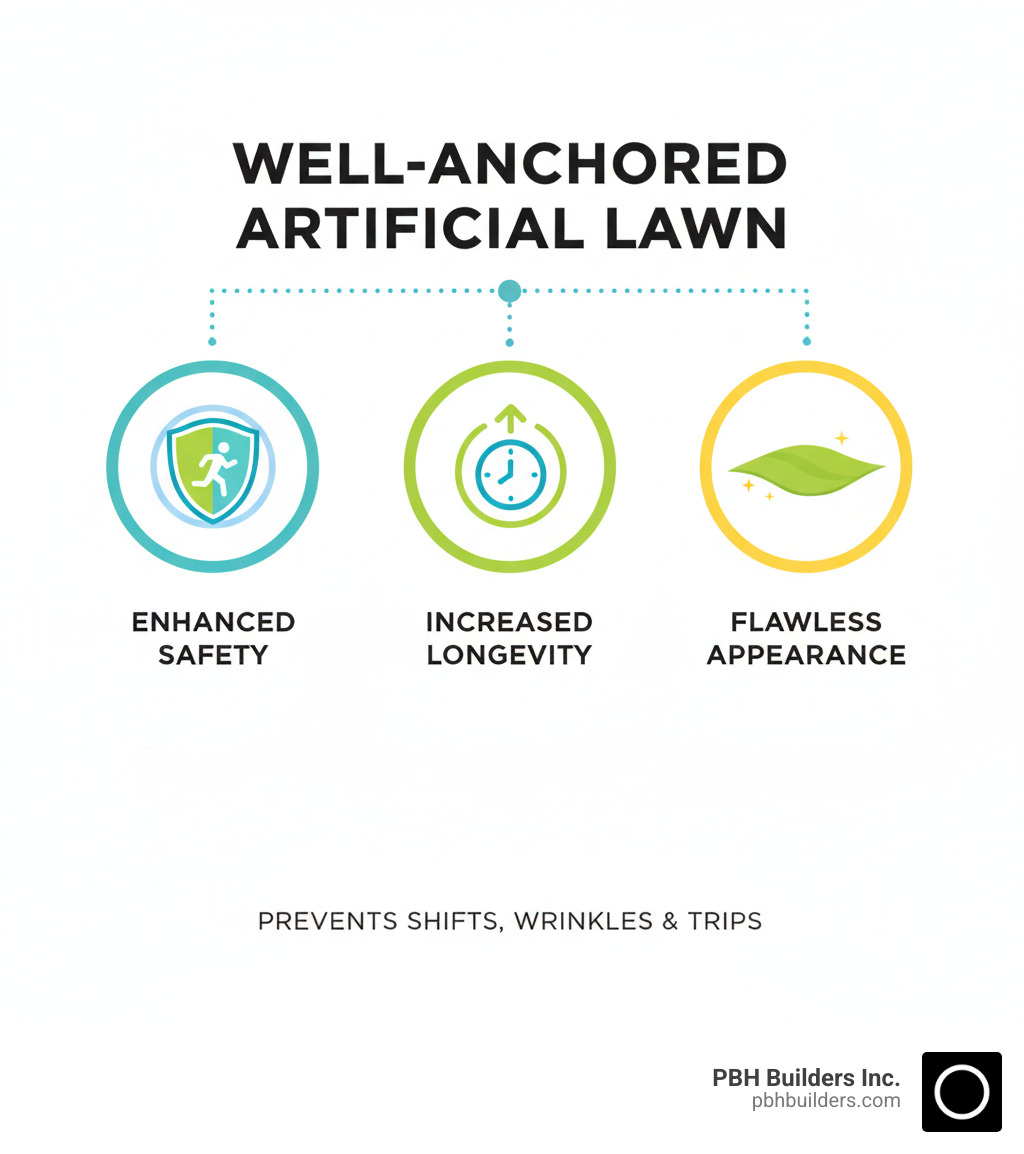 Infographic detailing key benefits of a well-anchored artificial lawn including safety, longevity, and a flawless appearance. - nailing artificial grass infographic 