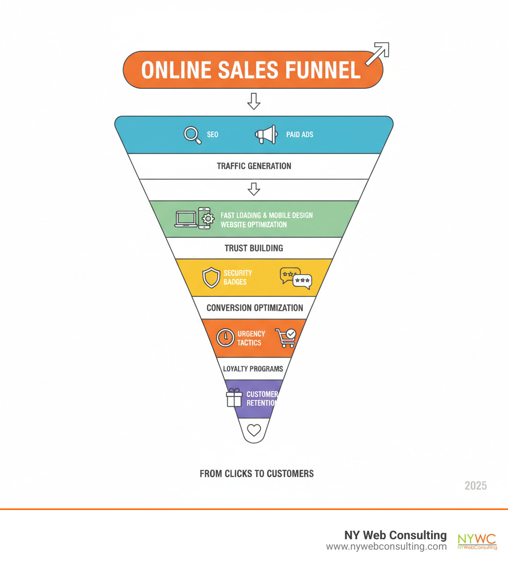 Infographic showing the complete online sales funnel from traffic generation through SEO and paid ads, to website optimization with fast loading and mobile design, to trust building with reviews and security badges, to conversion optimization with urgency tactics and simple checkout, ending with customer retention through loyalty programs - Boost online sales infographic Infographic showing the complete online sales funnel from traffic generation through SEO and paid ads, to website optimization with fast loading and mobile design, to trust building with reviews and security badges, to conversion optimization with urgency tactics and simple checkout, ending with customer retention through loyalty programs - Boost online sales infographic