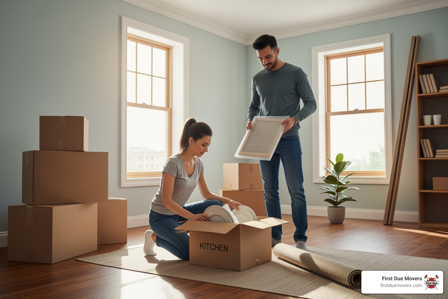 couple unpacking a box in their new, partially furnished living room - easiest way to move states
