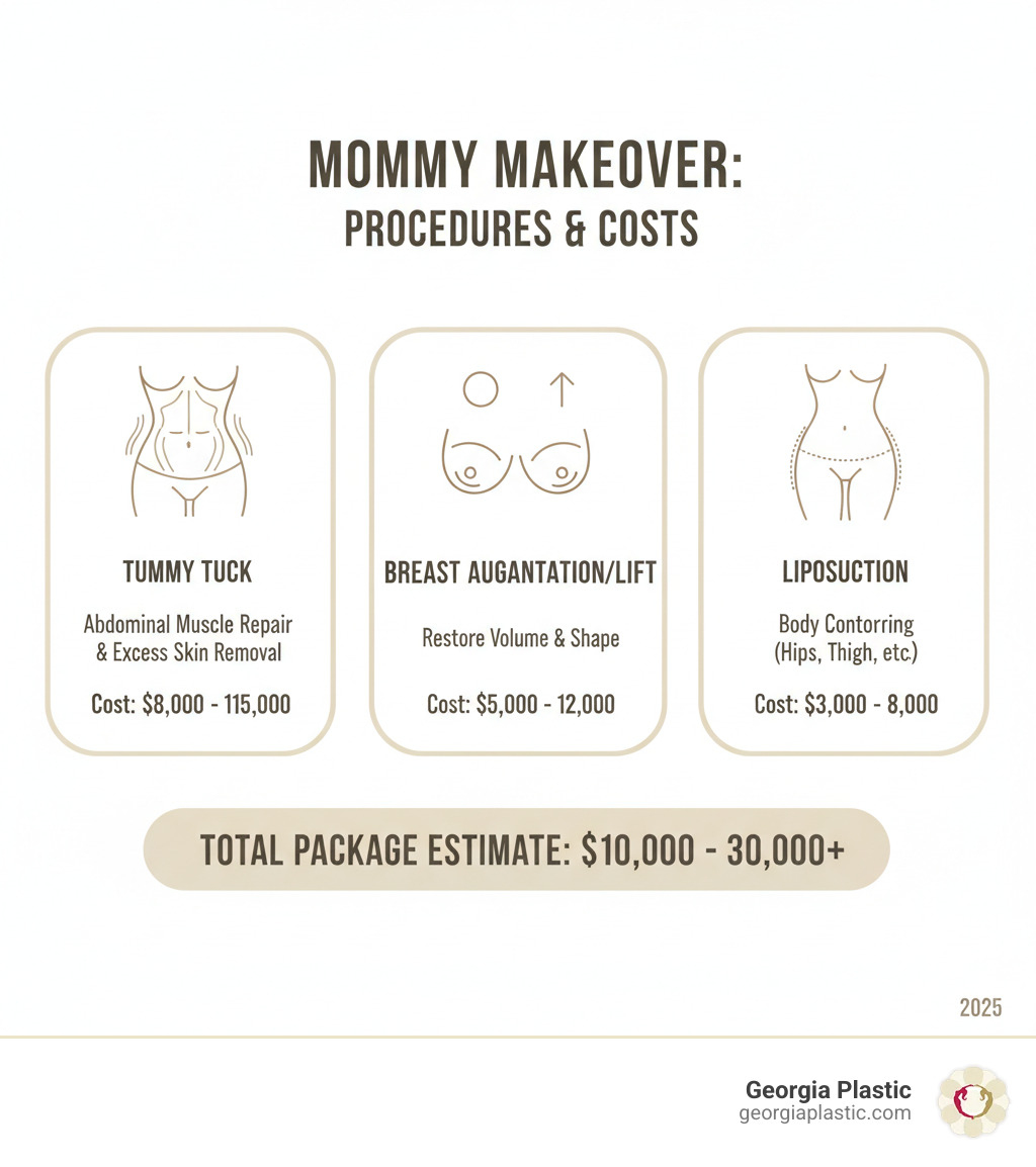 Infographic showing typical mommy makeover procedures: tummy tuck for abdominal muscle tightening and excess skin removal, breast augmentation or lift to restore breast volume and shape, liposuction for body contouring in areas like hips and thighs, with cost ranges for each procedure and total package estimates from $10,000 to $30,000+ - mommy makeover financing options infographic Infographic showing typical mommy makeover procedures: tummy tuck for abdominal muscle tightening and excess skin removal, breast augmentation or lift to restore breast volume and shape, liposuction for body contouring in areas like hips and thighs, with cost ranges for each procedure and total package estimates from $10,000 to $30,000+ - mommy makeover financing options infographic