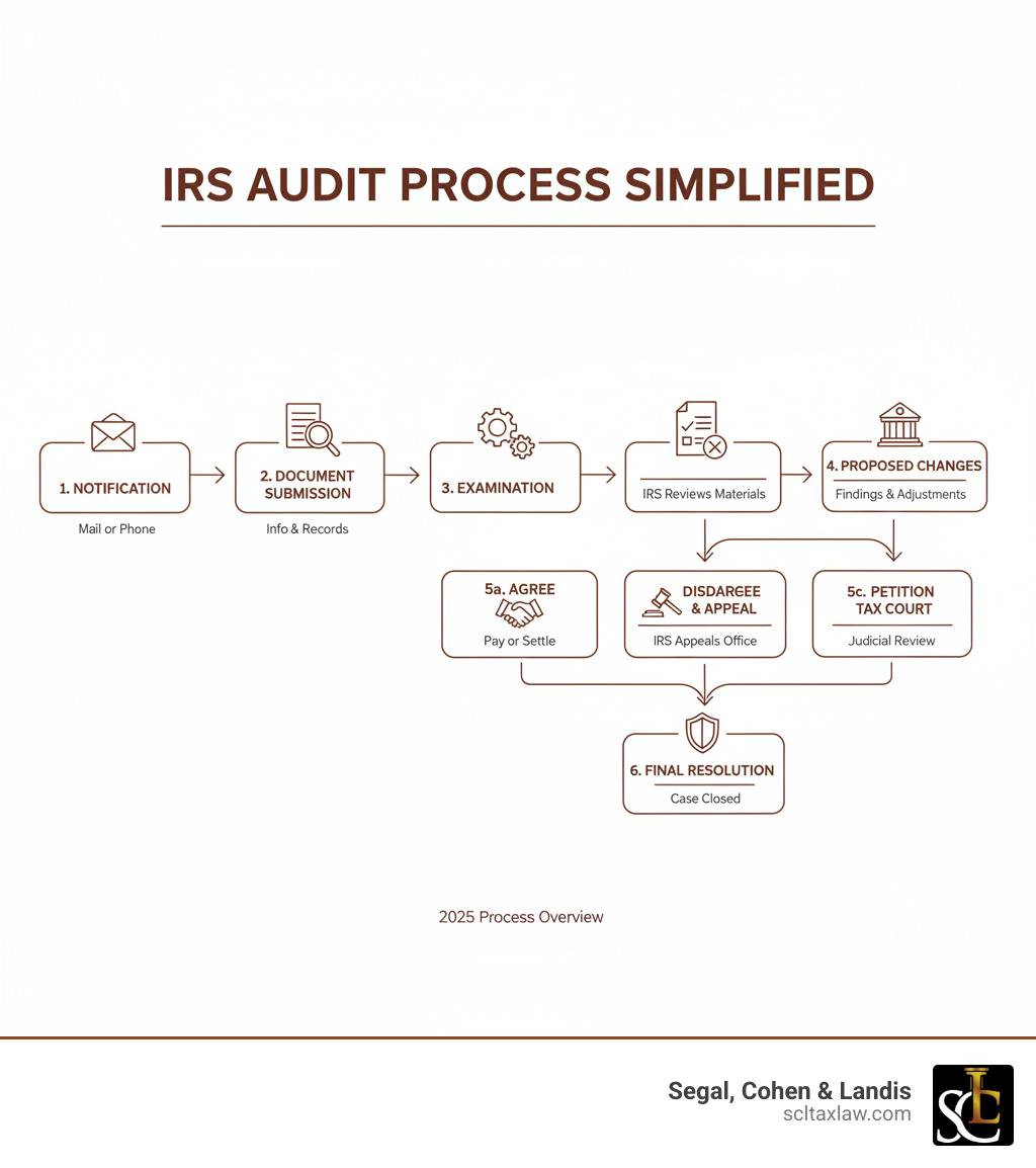 Infographic showing the IRS audit process from notification through document submission, examination, proposed changes, taxpayer response options including agreement, disagreement with appeals, or petition to Tax Court - irs audit defense representation infographic Infographic showing the IRS audit process from notification through document submission, examination, proposed changes, taxpayer response options including agreement, disagreement with appeals, or petition to Tax Court - irs audit defense representation infographic
