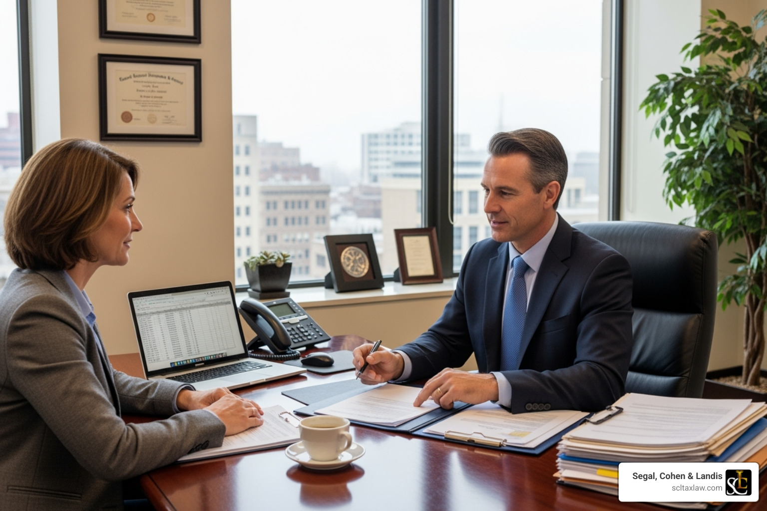 Tax attorney calmly reviewing documents with a client - irs audit defense representation Tax attorney calmly reviewing documents with a client - irs audit defense representation