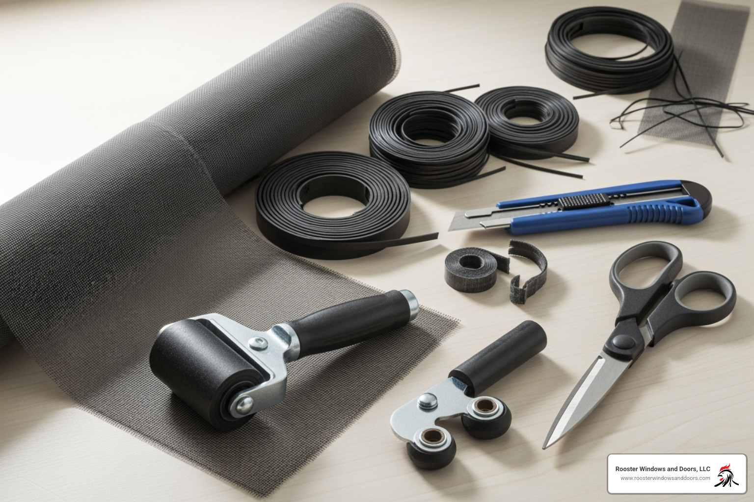 all necessary tools and materials neatly laid out on a flat work surface - install window screen