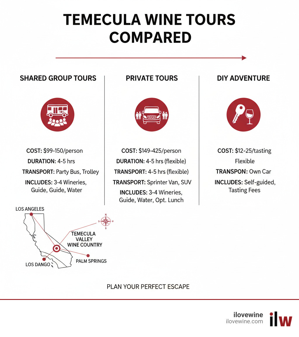 Infographic comparing Temecula Wine Tours: Shows side-by-side comparison of tour types (Shared Group Tours vs Private Tours vs DIY), typical costs ($99-150 shared, $149-425 private, $12-25 per tasting DIY), duration (4-5 hours guided, flexible DIY), transportation options (party bus, trolley, Mercedes van, cable car, SUV), and what's included (tastings at 3-4 wineries, guide, water, optional lunch). Includes icons for each tour type and a simple map showing Temecula's location relative to Los Angeles, San Diego, and Palm Springs. - Temecula Wine Tours infographic 