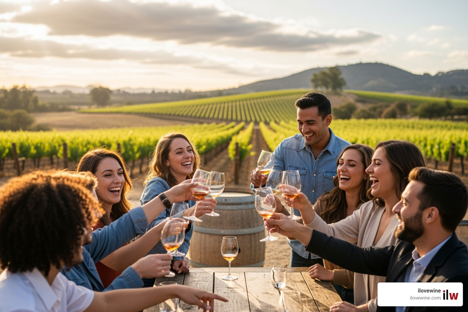 Group of friends laughing and tasting wine at a Temecula winery - Temecula Wine Tours