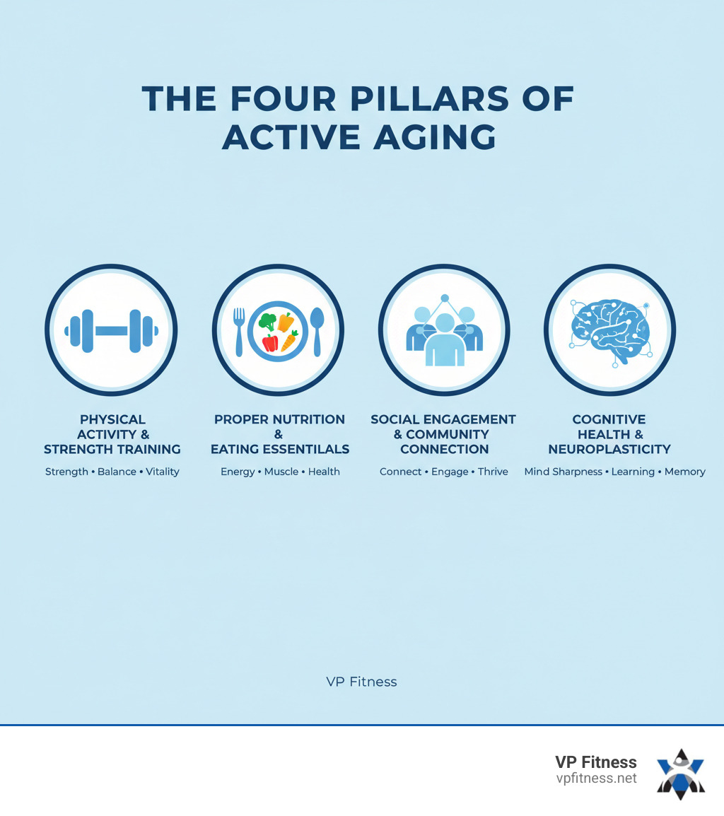 infographic showing the four pillars of active aging: a dumbbell representing physical activity and strength training, a plate with vegetables representing proper nutrition and eating essentials, people in a group representing social engagement and community connection, and a brain with neural pathways representing cognitive health and neuroplasticity - active aging programs infographic infographic showing the four pillars of active aging: a dumbbell representing physical activity and strength training, a plate with vegetables representing proper nutrition and eating essentials, people in a group representing social engagement and community connection, and a brain with neural pathways representing cognitive health and neuroplasticity - active aging programs infographic