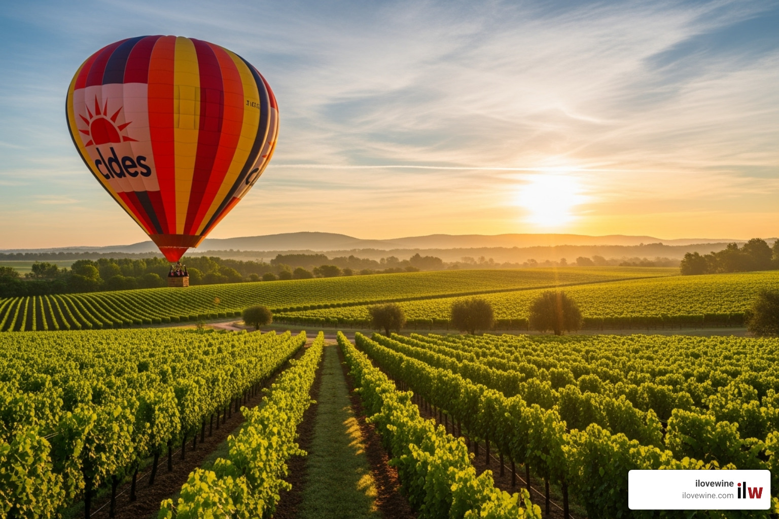 Hot air balloon floating over Temecula vineyards at sunrise - Temecula Wine Tours