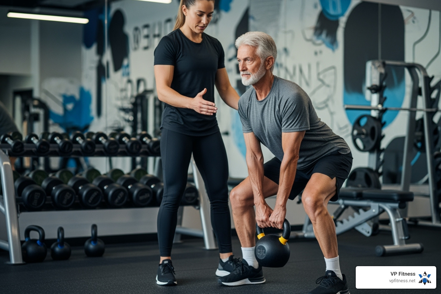 senior performing a functional movement like a kettlebell deadlift with a trainer - active aging programs senior performing a functional movement like a kettlebell deadlift with a trainer - active aging programs