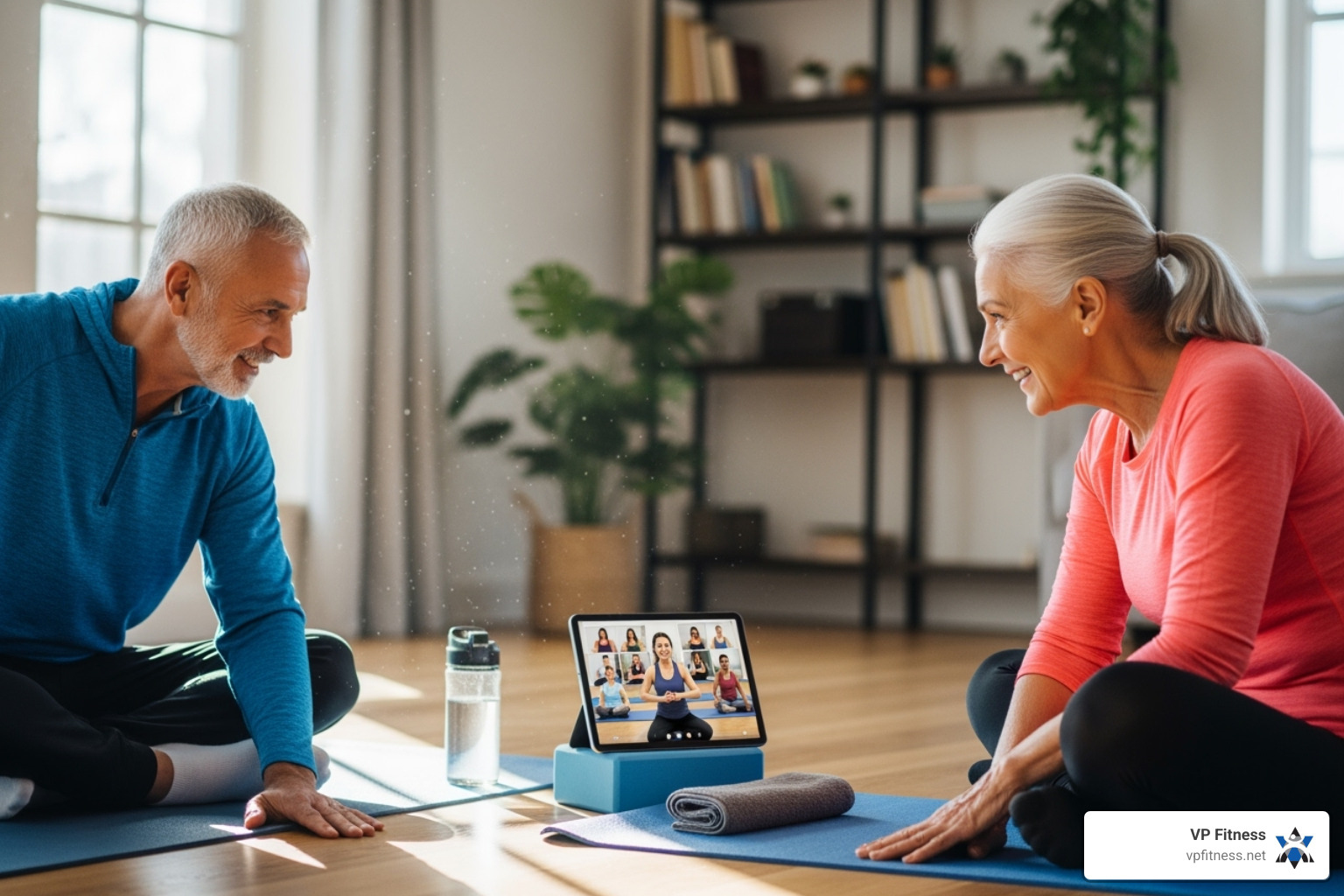 older adult using a tablet for an online fitness class - active aging programs older adult using a tablet for an online fitness class - active aging programs