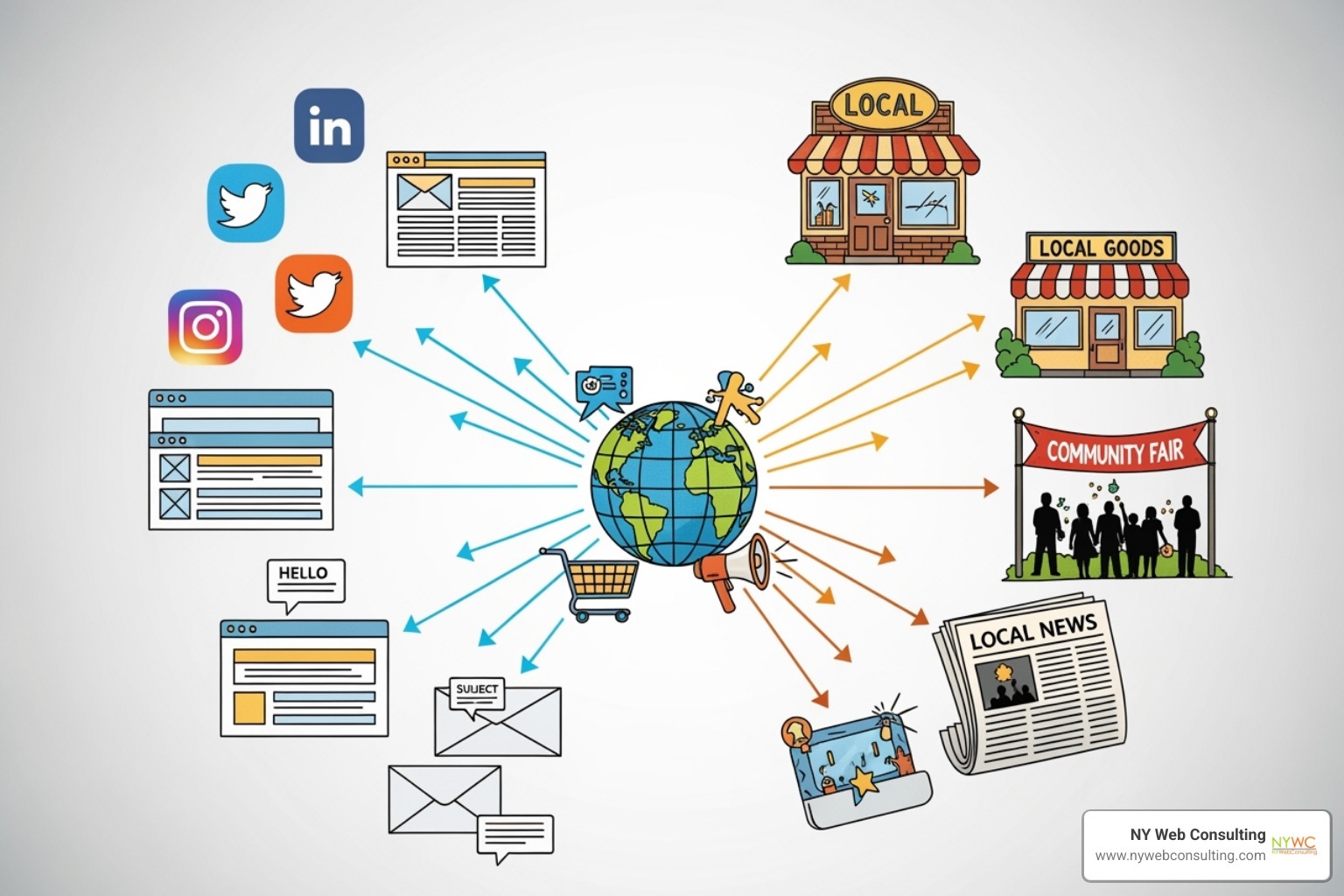 diagram showing interconnected digital and local marketing channels - marketing for small businesses