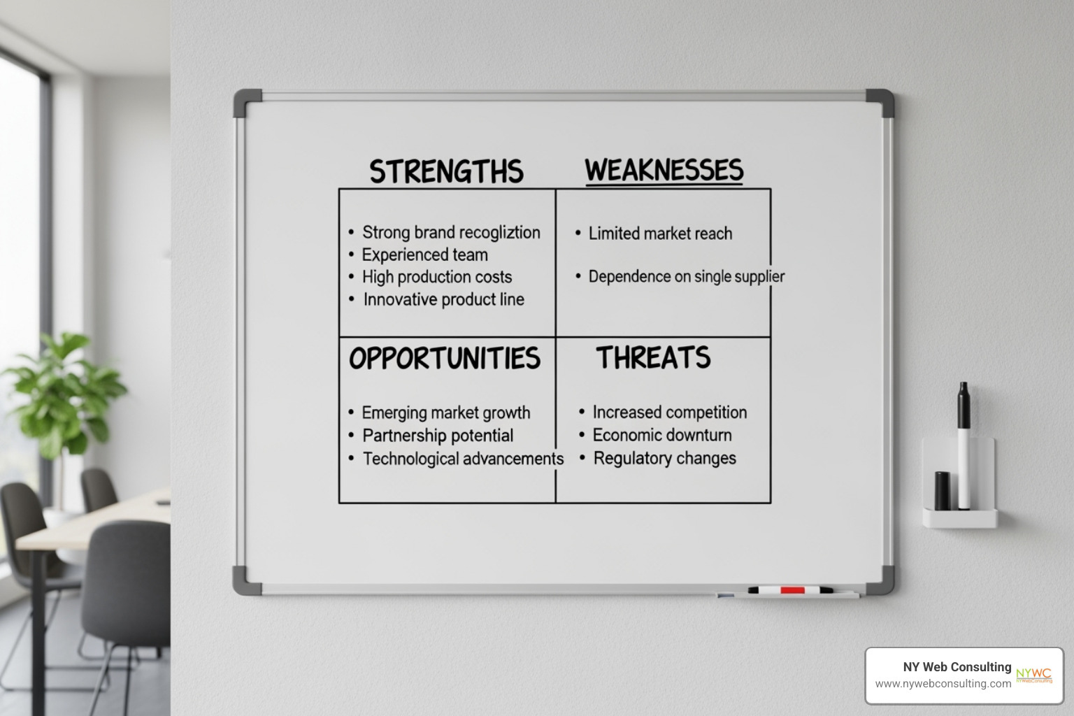 whiteboard with a SWOT analysis - marketing for small businesses