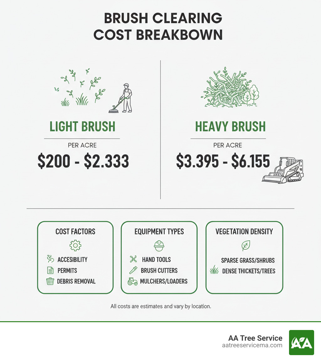 Infographic showing brush clearing cost breakdown: Light brush $200-$2,333 per acre, Heavy brush $3,395-$6,155 per acre, with icons representing vegetation density levels, equipment types, and common cost factors like accessibility, permits, and debris removal - brush clearing cost infographic 