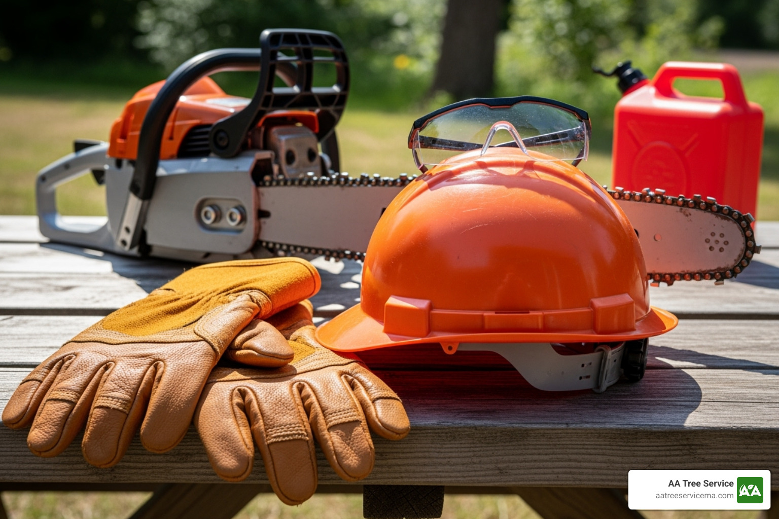 Safety gear for DIY clearing including a helmet, gloves, and chainsaw. - brush clearing cost